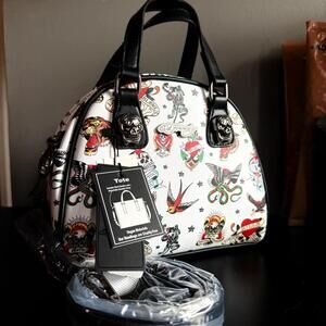 Ed Hardy Tattoo Print Small Bowler Bag Skull Vegan Leather NWT
